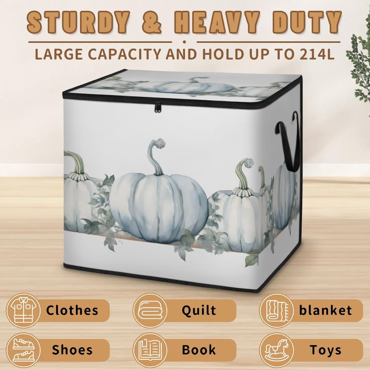 Honeybaby 214L Extra Large Comforter Storage Bag Pumpkin Leaf Storage Totes with Lids Waterproof Closet Organizer Folding Blanket Storage Bags for Clothes Bedding Pillows