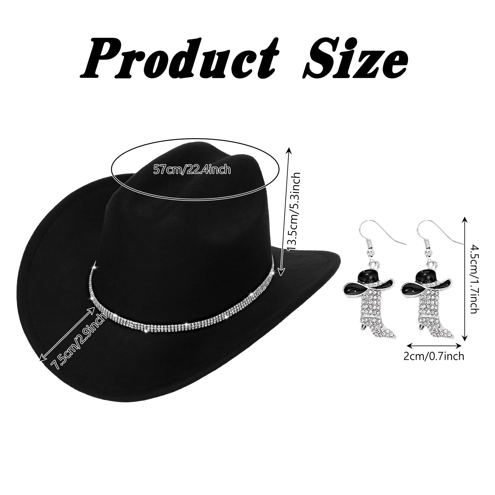 Crittygo Cowboy Hat for Women and Men Sparkly Rhinestone Cowgirl Hat and Boot Earrings - Image 2