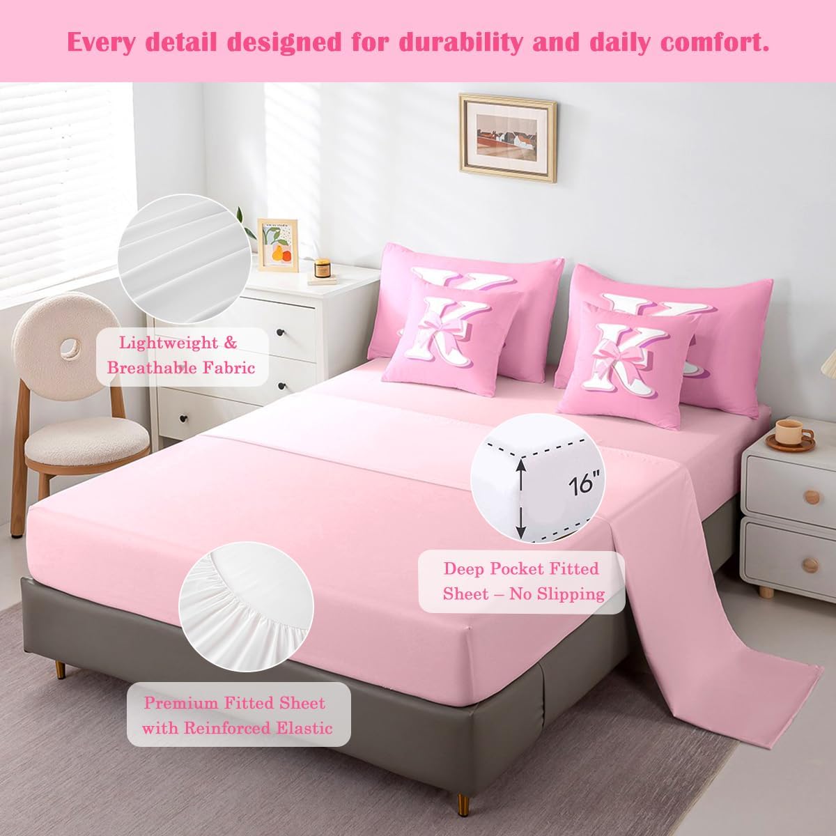 jejeloiu Pink Bowknot Bed Set, Full Size, Decor Gifts for Women Teen Girl Ultra Soft Initial Letter K 7 Pieces Beeding Set, Girly Romantic Bed in a Bag with Comforter, Sheets, Pillowcases, Room Decor - Image 4