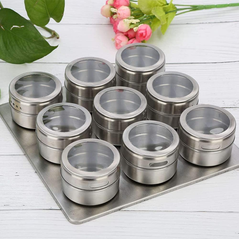 Gewürzglas, 9-teiliges Set Gewürzbehälter aus Edelstahl, magnetische Gewürzgläser mit Deckel, Gewürzaufbewahrungsdosen