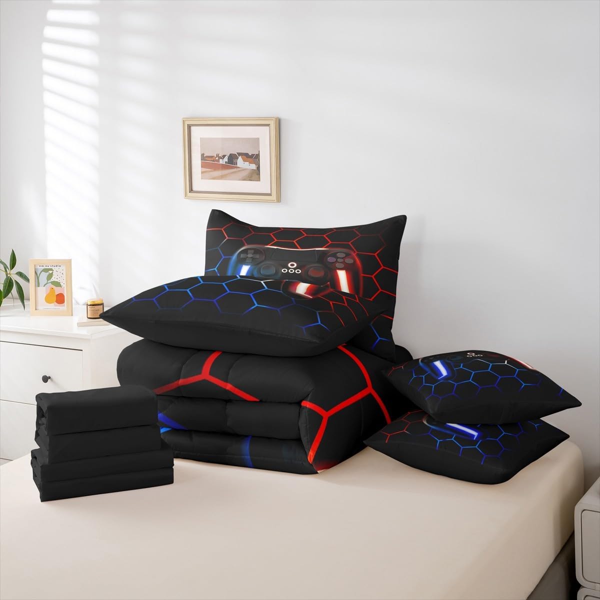 Erosebridal 7 Pieces Twin Gamer Comforter Set for Boys Gaming Bedding Set for Kids Girls Teens, Video Game Bed in a Bag with Comforters, Sheets, Pillowcases & Shams, Red Blue Gamepad Bedroom Decor
