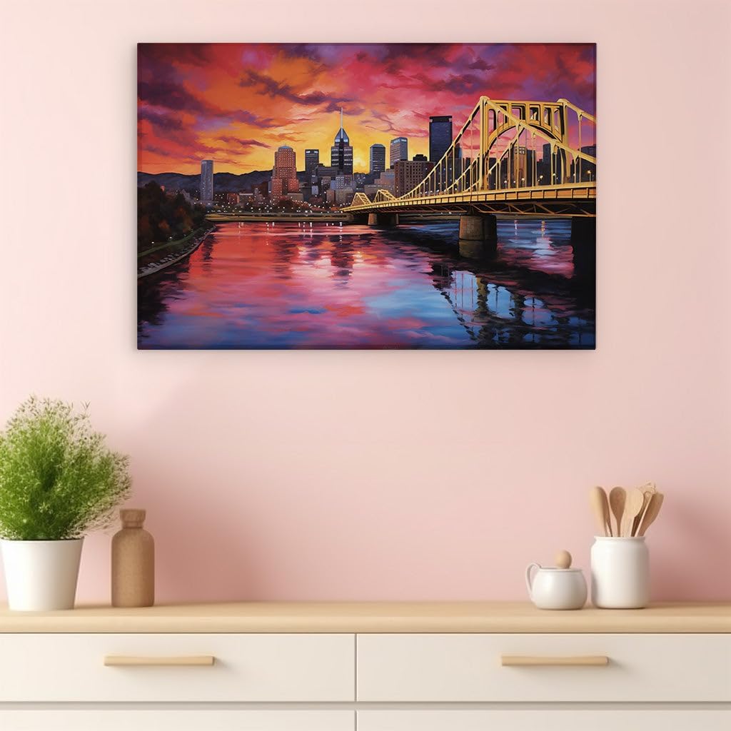 Canvas for Living room. Pittsburgh Sunset Masterpiece - A Vibrant Cityscape Caressed by Twilight Hues, 27 x 18 inch Canvas Wall Art - Ready to Hang