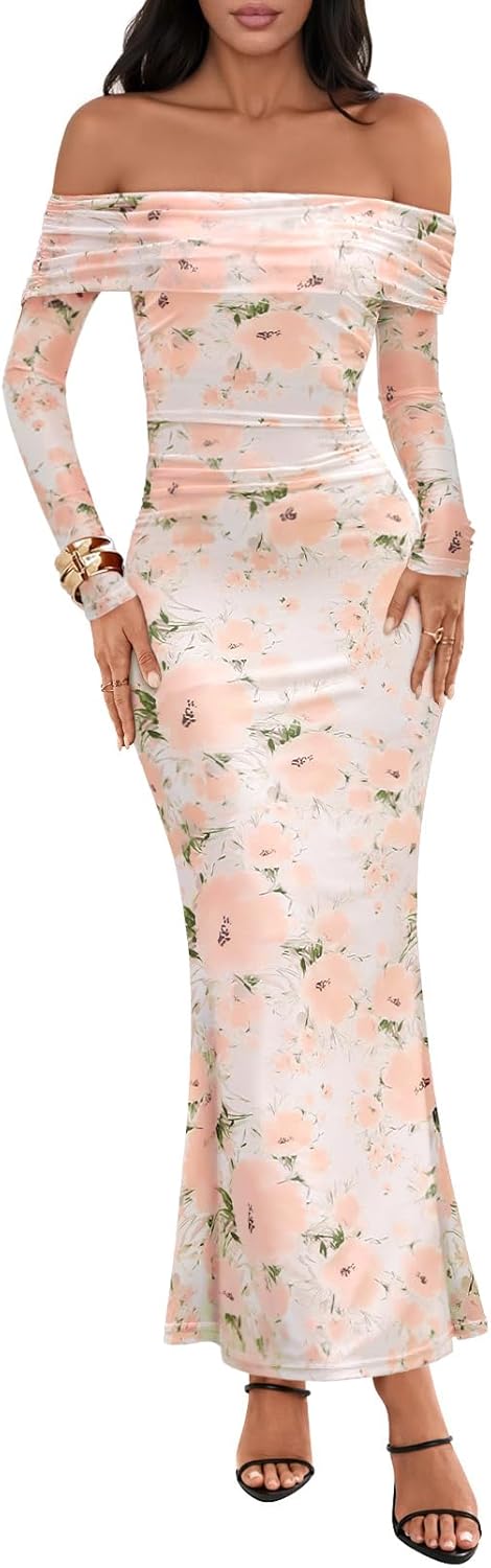 MEROKEETY Women's Fall Off Shoulder Floral Maxi Dresses Formal Long Sleeve Bodycon Cocktail Wedding Guest Dress