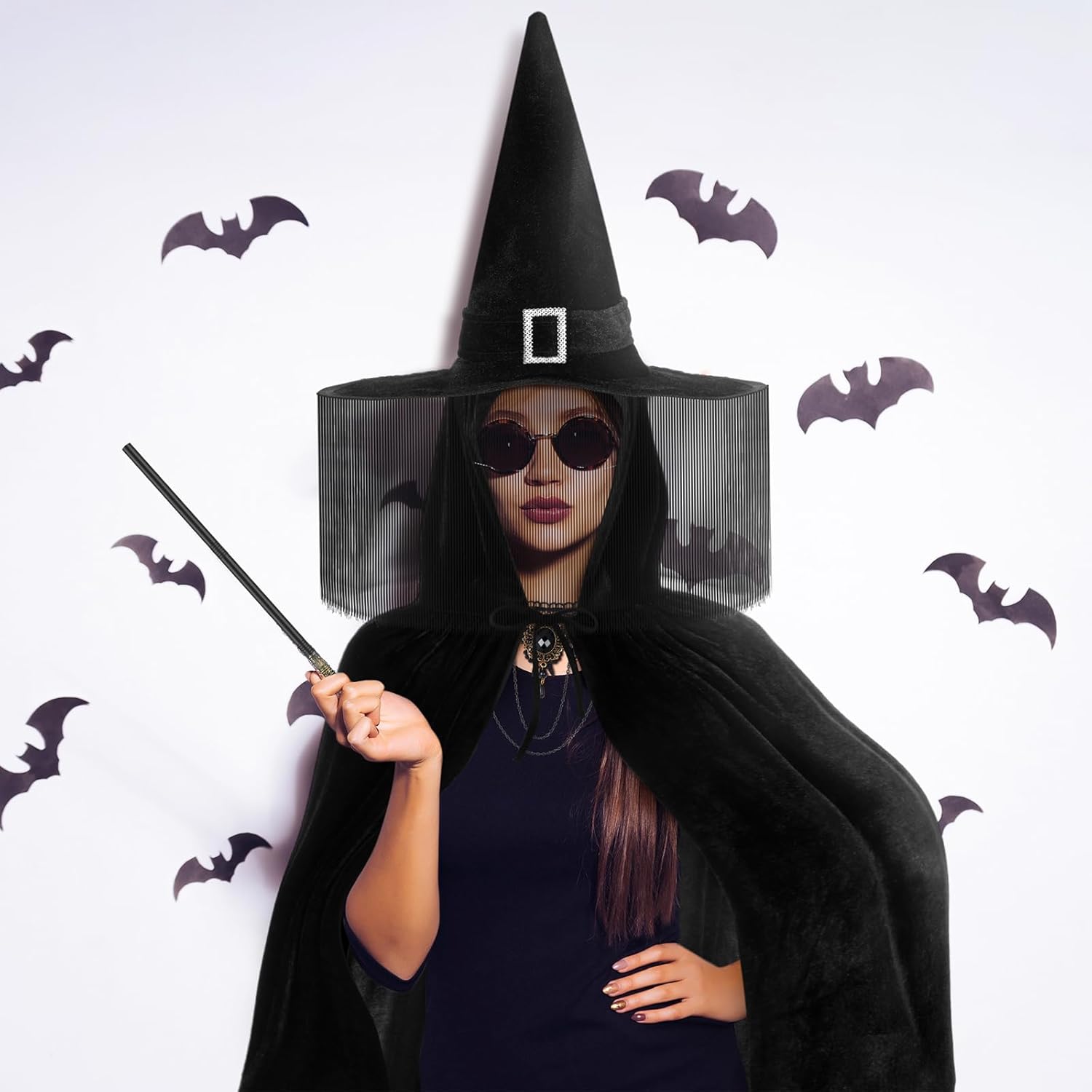 5 Pcs Halloween Witch Cosplay Costume for Women Wizard Cloak with Hat Nose Witch Hat Necklace Wand for Halloween Party Supplies - Image 5