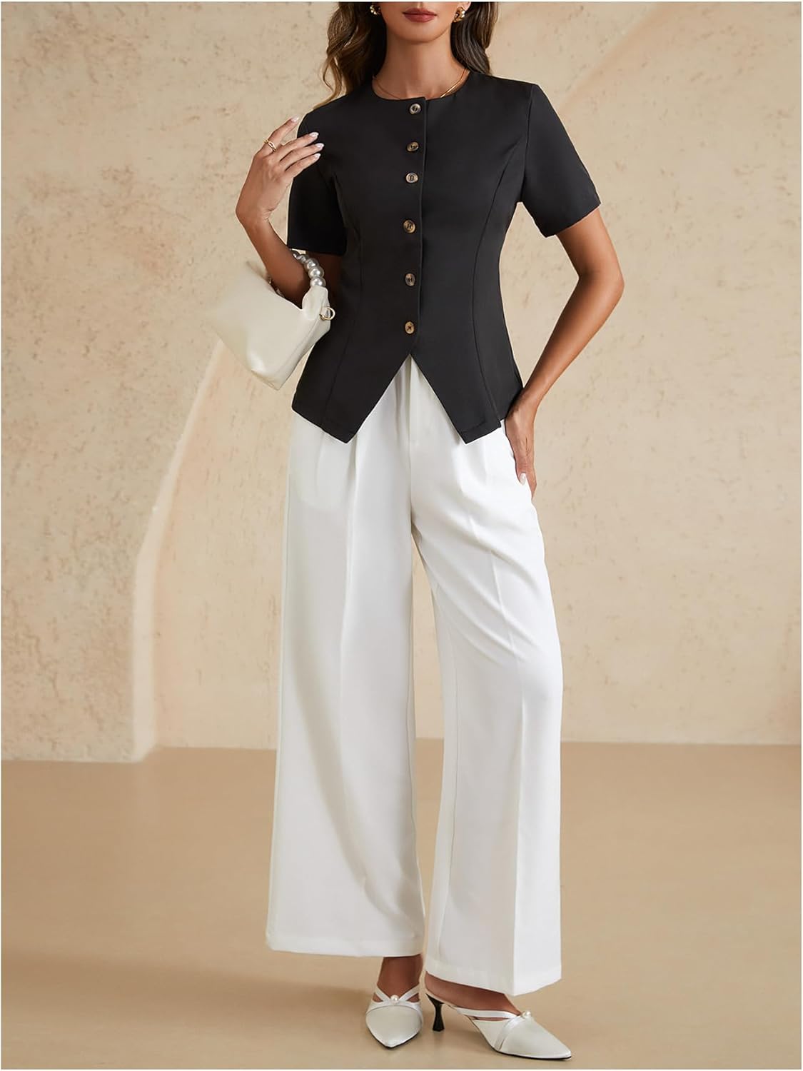 Women's Button Down Short Sleeve Blouse Crew Neck Split Hem Work Office Shirts - Image 5