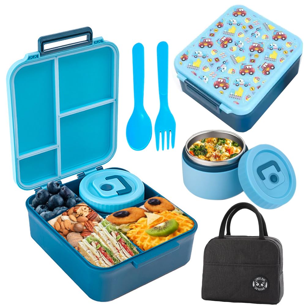 Famghors Lunch Box for Kids with Bento Box Bag Stainless Steel Soup Jar and Cutlery, Leak-Proof Kids Lunch Box 4-Compartments Freezer & Microwave Dishwasher Safe for School Office Anime Style - Blue