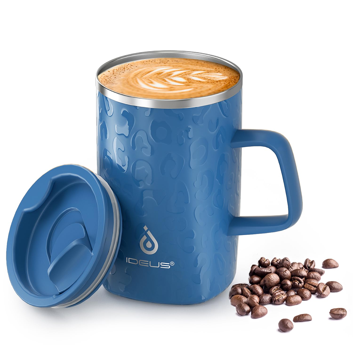IDEUS® Kaffeebecher 470 ml (16 oz), doppelwandige vakuumisolierte Kaffee- und Teetasse aus Edelstahl mit rutschfestem Griff und Schiebemoduldeckel und großem Volumen (Leapord Blau)