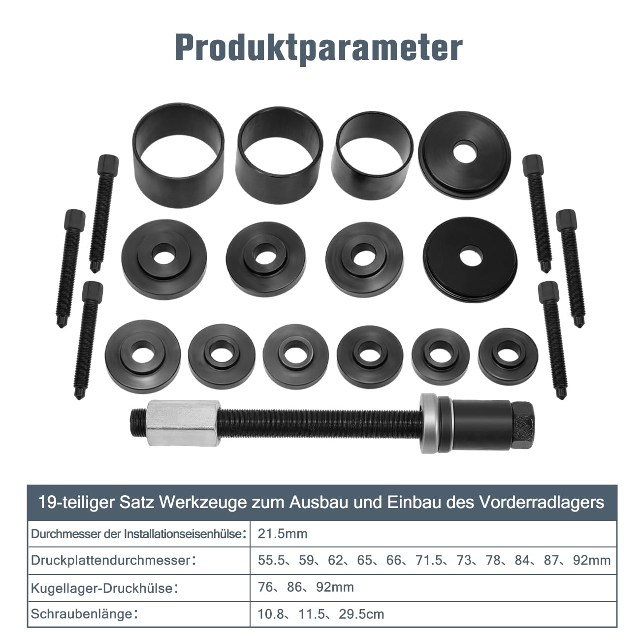 19 TLG Radlager Werkzeug Set Radlagerwerkzeug Radnabe Abzieher Ausdrücker Montage Demontage Kompatibel mit VW Kompatibel mit Audi Kompatibel mit Opel Kompatibel mit FIAT Kompatibel mit BMW
