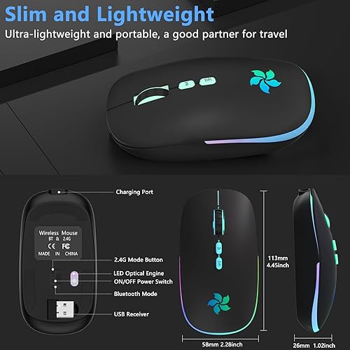 Miniatura 7 de KARFUN Ratón inalámbrico, 2.4 GHz y Bluetooth de dos modos, 7 luces de respiración de color, mouse de computadora para computadora