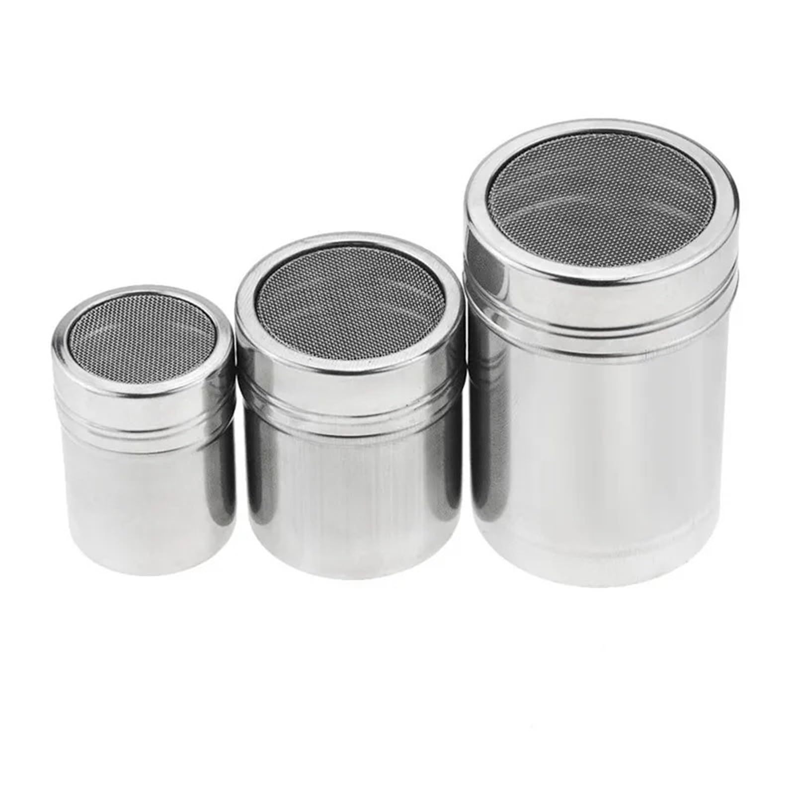 1 juego (3 piezas) de pimenteros y especias acero inoxidable Para Casa | Tapa de coctelera de chocolate, azucarero, contenedor de cacao, tamiz de café en polvo(L 6.5x11.3cm)