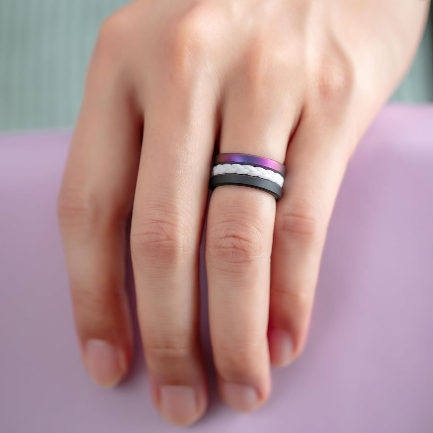 ThunderFit Stackable Silicone Anniversary Rings for Women, Breathable Braided Design Rubber Wedding Bands - 3mm Wide 1.8mm Thick, 8-Pack Rings