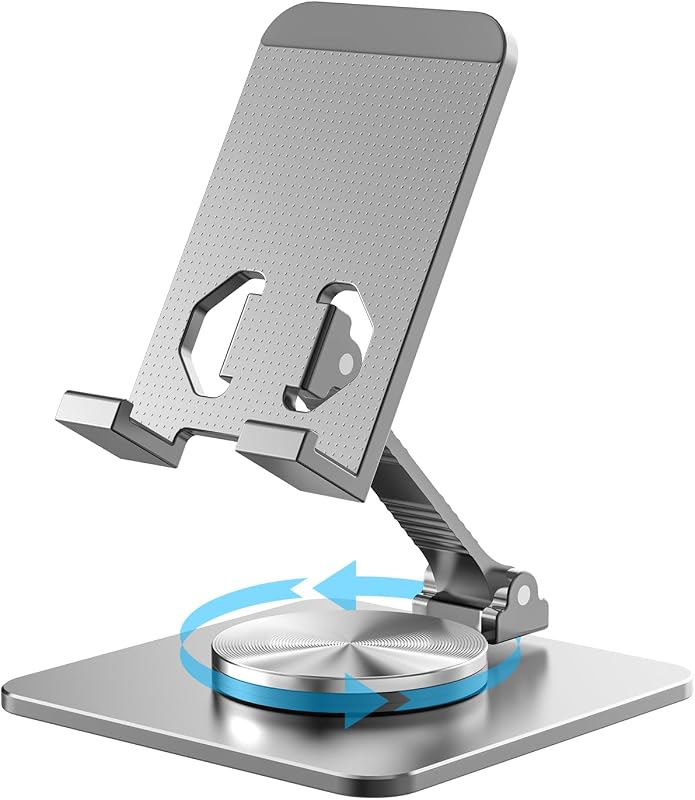 Adjustable Phone & Tablet Stand, Fits 4–9.7in Devices, Grey | 360° Viewing Flexibility • Reinforced Aluminum Build • Dual-Hinge Adjustment • Travel-Ready Storage
