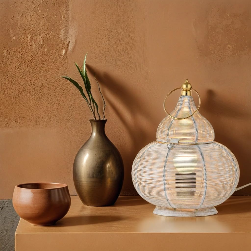 Marrakesch 2-częściowy zestaw lamp stołowych, lampka nocna, 25 cm, orientalna lampa dekoracyjna, lampa stojąca do salonu, sypialni lub pokoju dziecięcego | marokańska lampa stołowa Tamara biało-złota