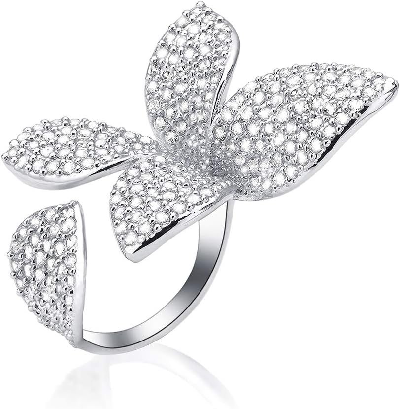 dnswez Two Finger Ring Flower Open Ring Cubic Zirconia CZ Silver Cluster Cocktail Butterfly Statement Rings for Women Girl
