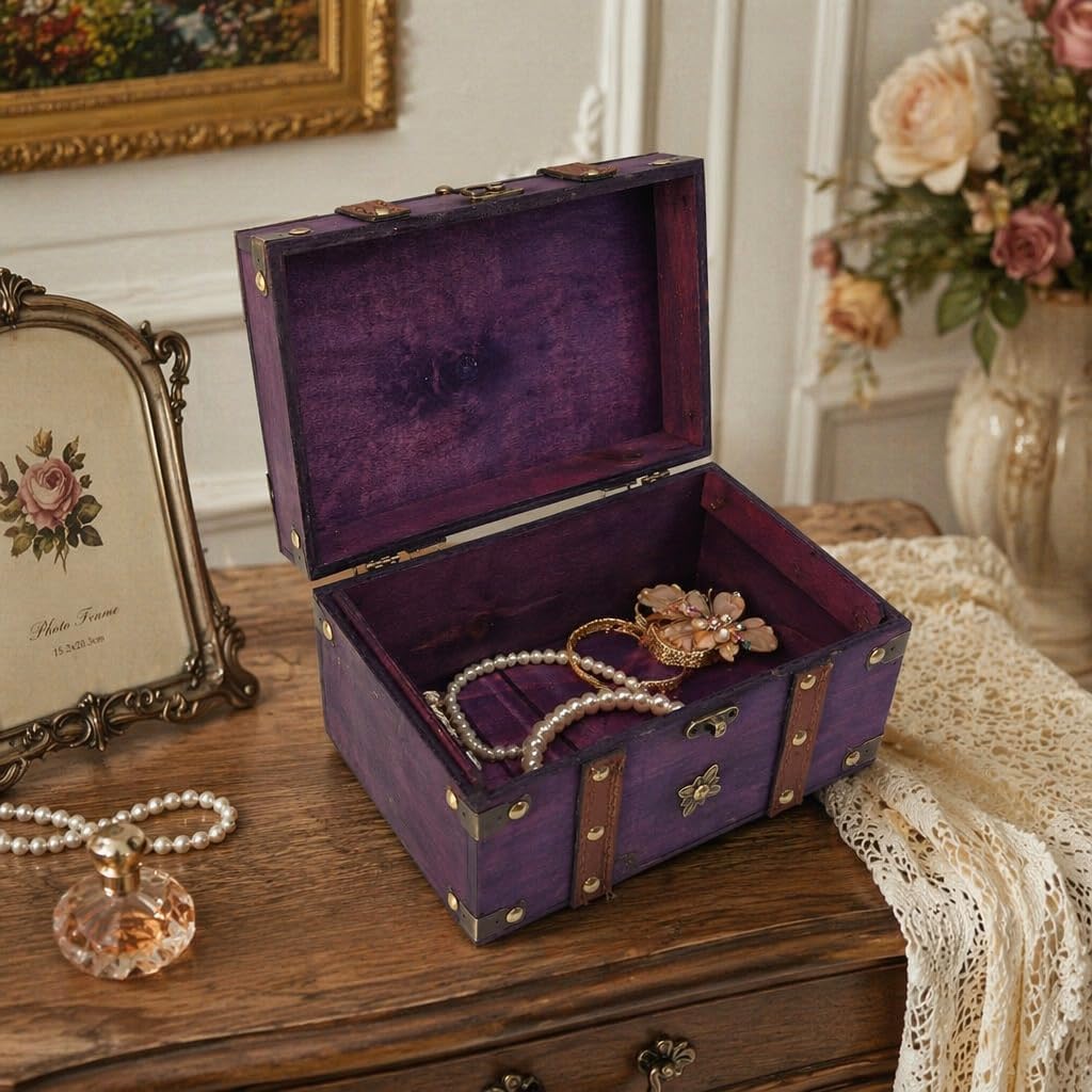 Treasure Chest Box, Wooden Jewelry Decorative Keepsake Box Vintage Decor