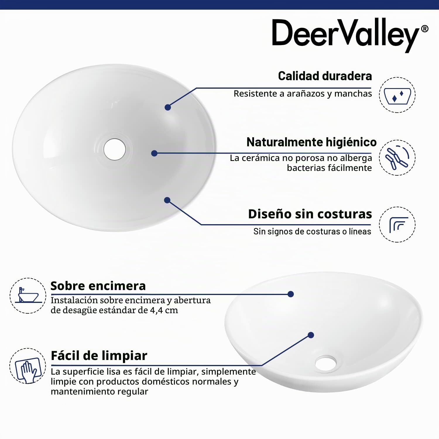 DeerValley Cuenco de lavabo ovalado de cerámica blanca, moderno y lujoso, fácil de instalar y limpiar, ideal para baños pequeños, 400x330mm.