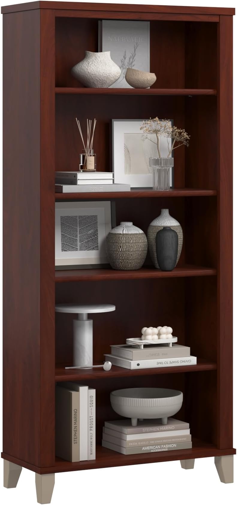 Bush Home Somerset 5 Shelf Bookcase in Hansen Cherry, Tall Bookshelf, Large Book Shelf for Living Room, Home Office, or Entryway