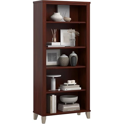 Bush Home Somerset 5 Shelf Bookcase in Hansen Cherry, Tall Bookshelf, Large Book Shelf for Living Room, Home Office, or Entryway