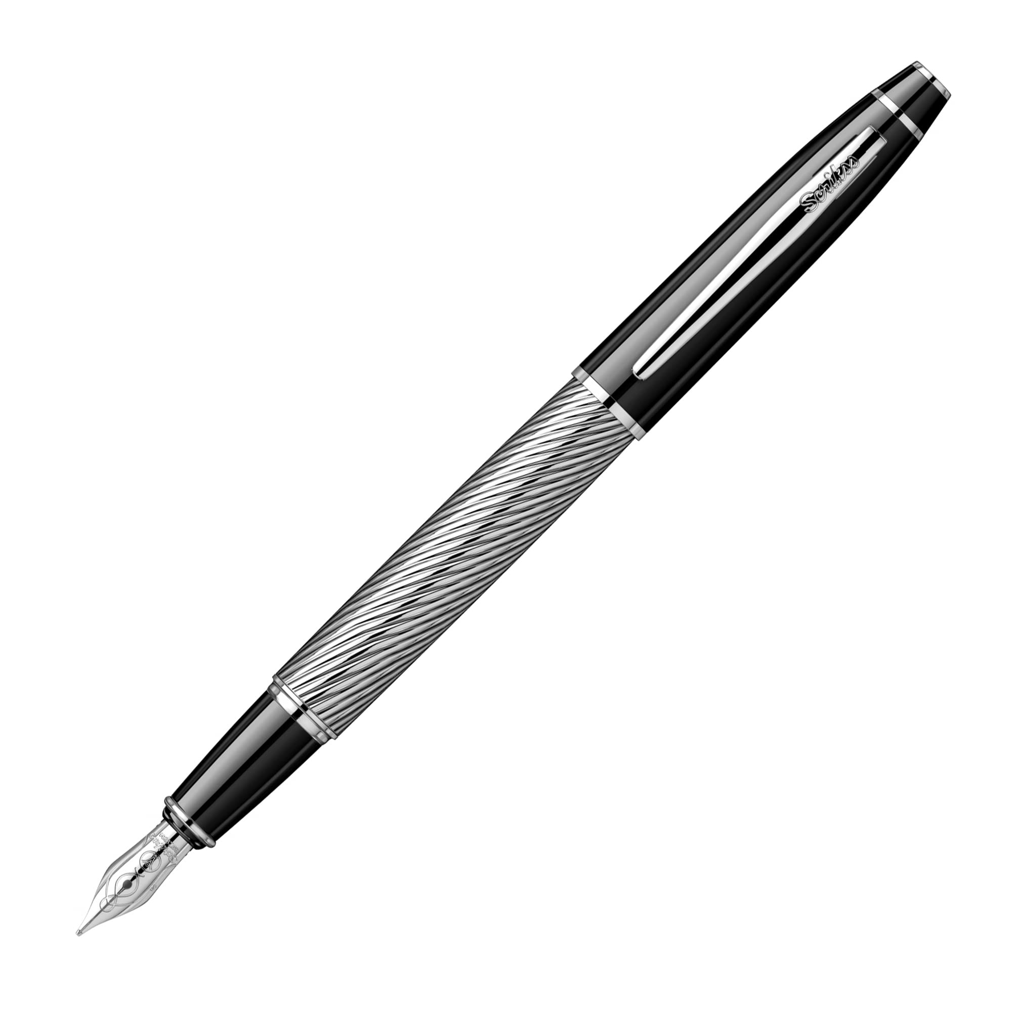 Scrikss Pluma estilográfica de punta media y convertidor de tinta negra, cuerpo de latón cromado, bordes cromados, serie 35C, moderno y elegante, ideal para regalar en la oficina y el hogar