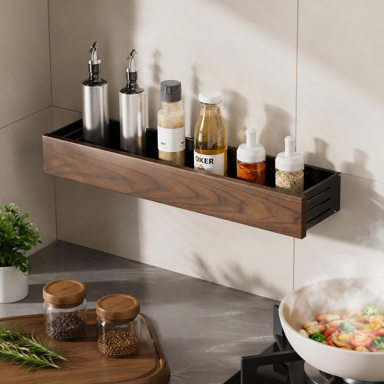 Gewürzregal Wandmontage, Dunkelbraun Küchenregal für Gewürze, Eleganter Gewürz Organizer aus Holzmaterial, Perfekt für Küchenorganisation, 42cm