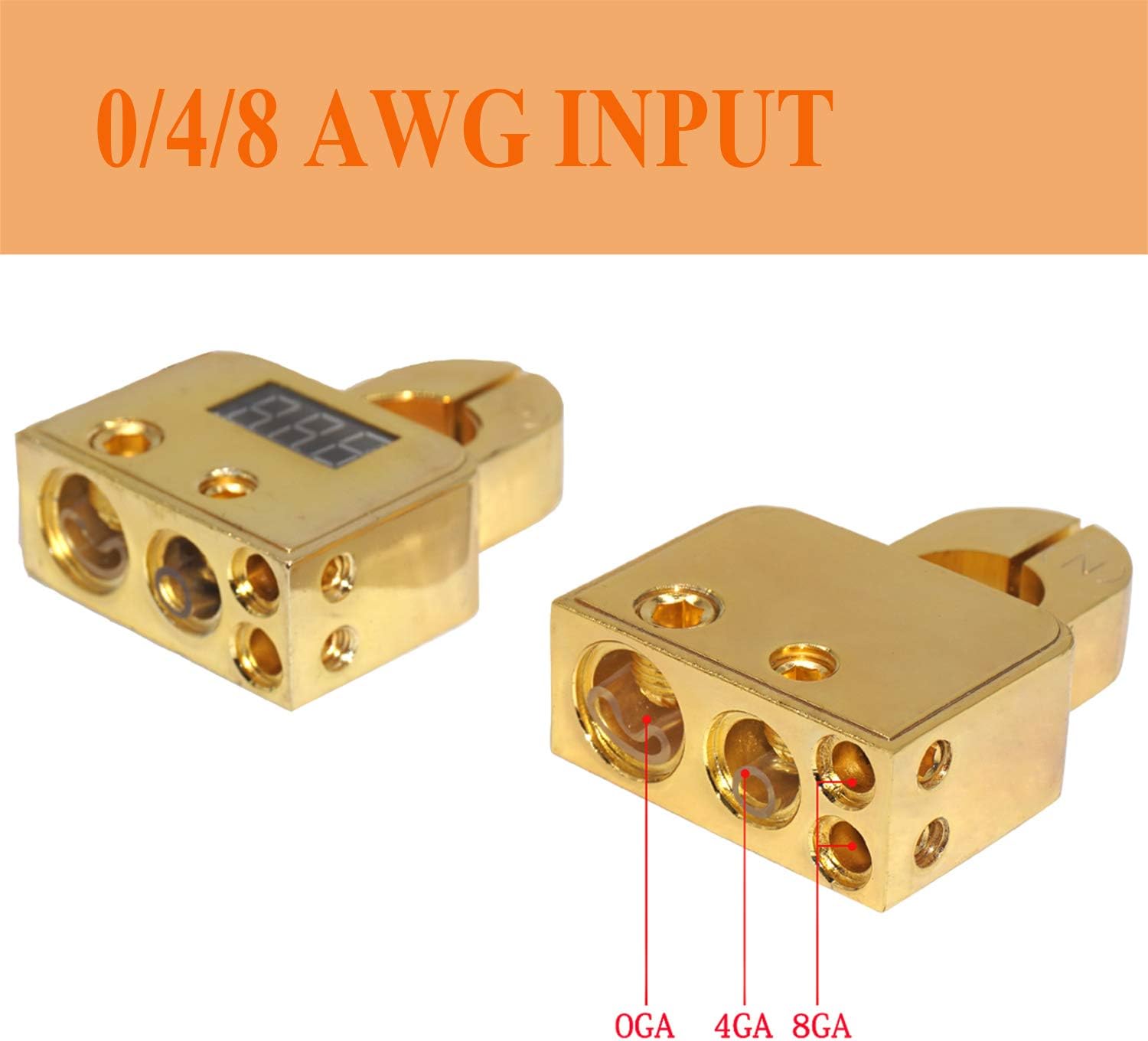 Motor Car Battery Terminal Connectors with Voltmeter - 0/4/8 AWG Positive Negative Battery Post Clamp and Shims for Car Auto Caravan Marine Boat Motorhome