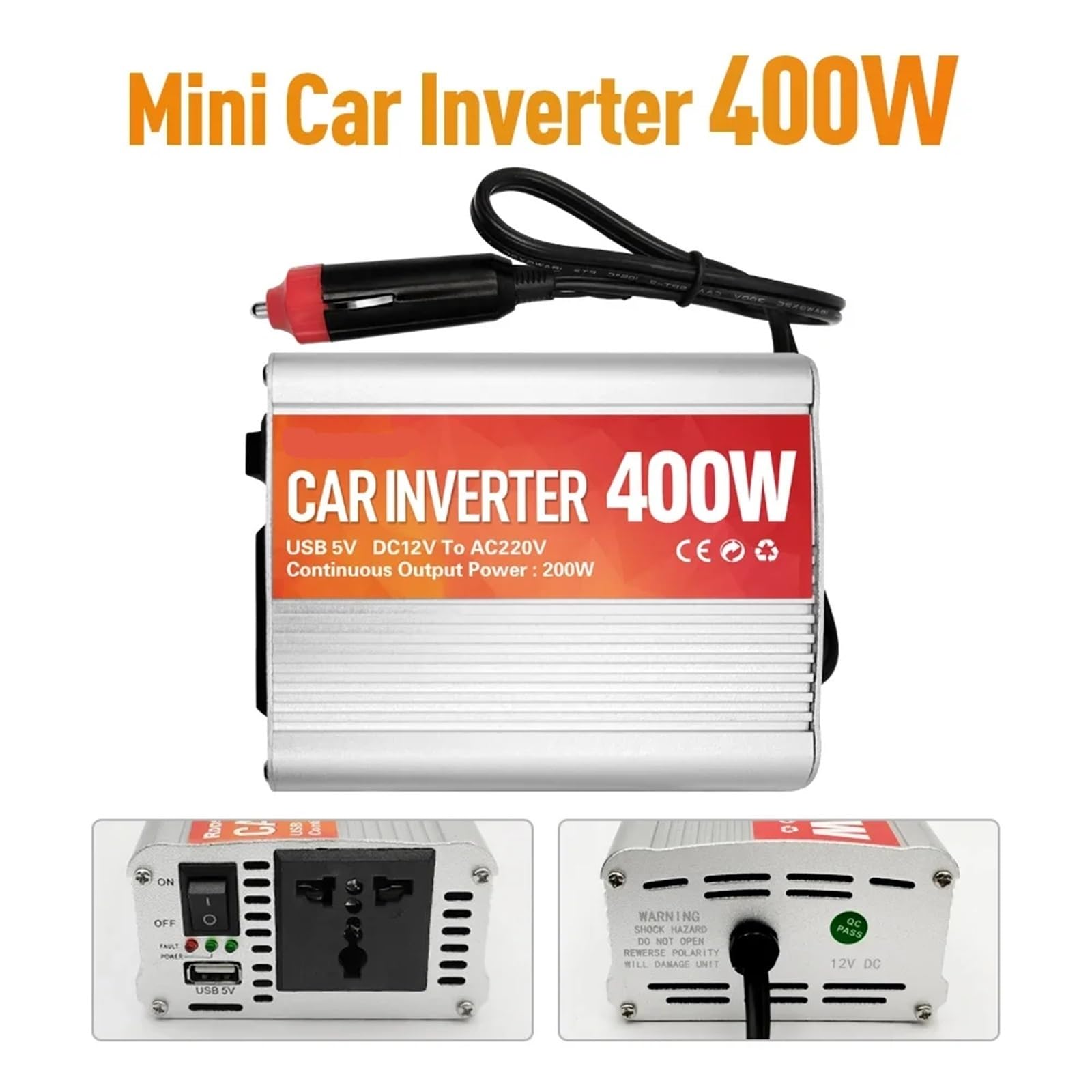 Falownik Przetwornica napięcia samochodowego 600 W Przetwornica napięcia stałego na prąd przemienny z 5 V 2 A USB Ładowarka samochodowa z falą sinusoidalną Konwersja mocy(400W 12V)