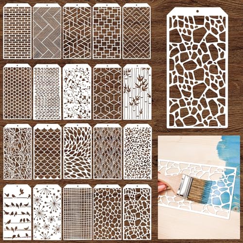 Menkxi 20 plantillas de borde para pintar reutilizables con diseño de hojas cubistas, plantilla de camuflaje geométrica con estampado de leopardo para madera, manualidades, lienzo, tela, muebles