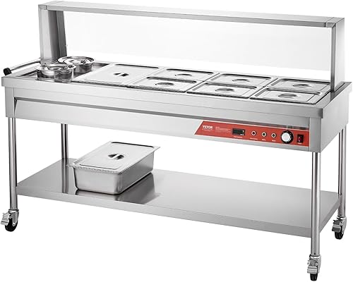 Miniatura 10 de VEVOR Calentador de alimentos eléctrico comercial, 7 sartenes + 2 ollas, mesa de vapor de 1800 W, calentador de alimentos profesional con ruedas de