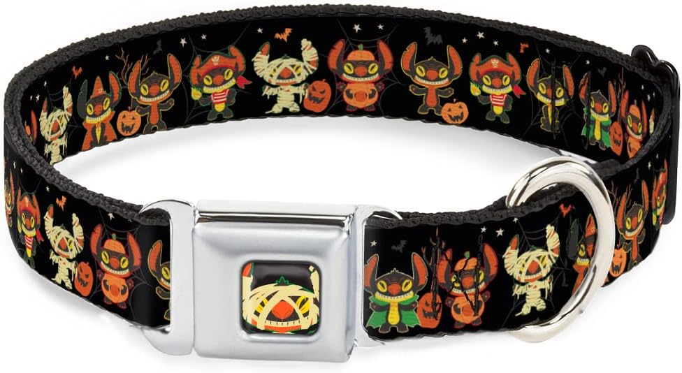 Disney Pet Collar, Dog Collar Metal Seatbelt Buckle, Lilo and Stitch Halloween Stitch Dress Up Poses Black, 15 to 24 Inches 1.0 Inch Wide