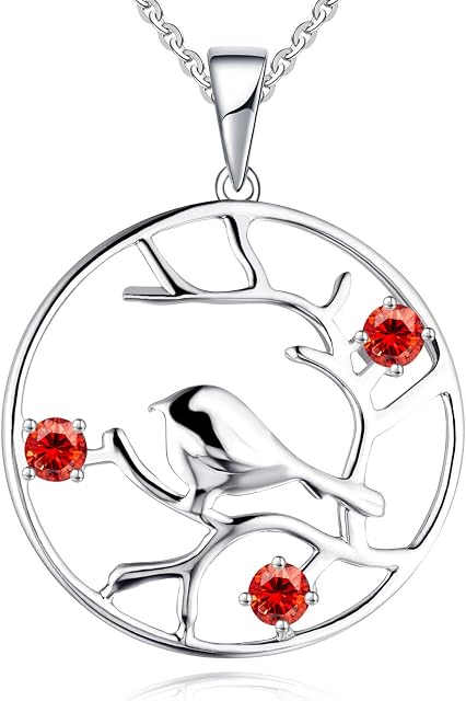 JO WISDOM Tree of Life Necklace,925 Sterling Silver Bird on Branch Family Birthstone Pendant Necklace with 5A Cubic Zirconia