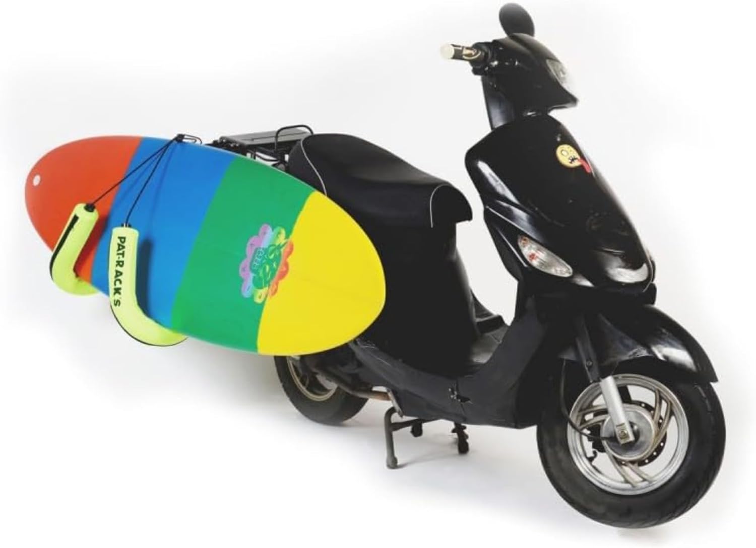 PAT RACKS Deluxe Motorcycle/Scooter Surfboard Rack (w/Luggage Rack) - 2 Arm Carrier, Thick Protective Foam, Adjustable Seat Post Attachment, Fast Easy Install - Shortboard, Skimboard, Bodyboard