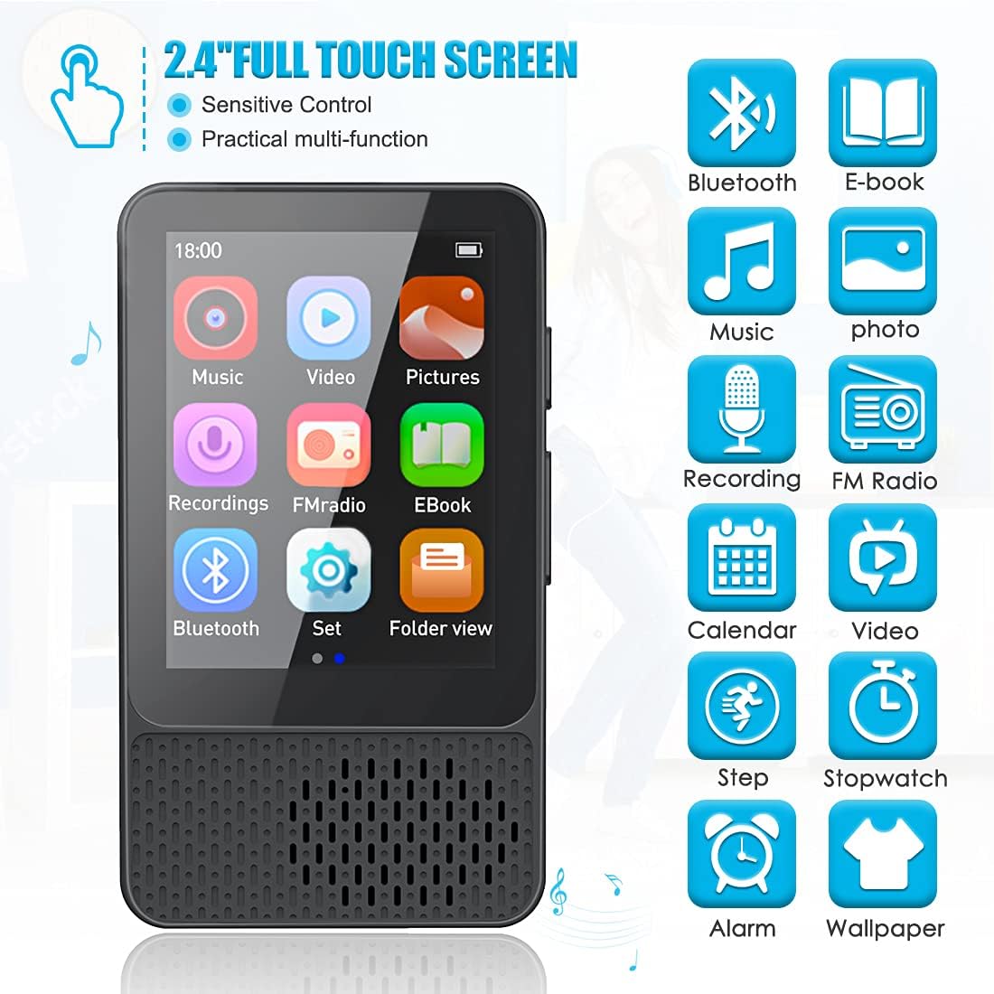 Timoom M8 MP3 Player with touchscreen interface showing various app icons like Music, Video, Pictures, Recordings, FM Radio, EBook, Bluetooth, Set, and Folder view.