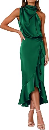 KIRUNDO Women 2026 Spring Summer Satin Mock Neck Wedding Guest Party Cocktail Midi Dress Sleeveless Wrap Ruffle Formal Dress