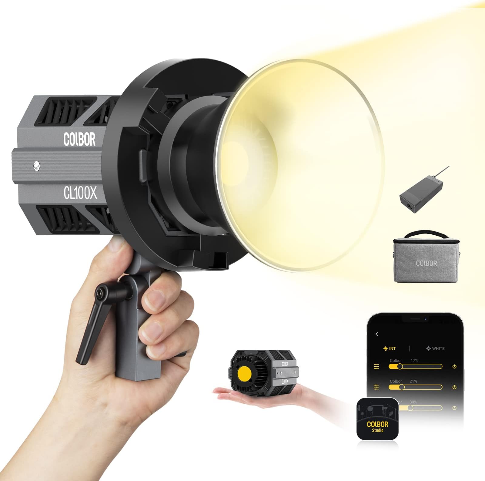 Video Light, COLBOR CL100X 110W COB Bi-color 2700-6500K CRI97+ with 10 Light Effects Continuous Output Lighting Photography Aluminum with Bowens Mount APP Control, Video-Light-LED-Continuous-Studio