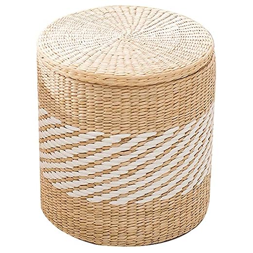 SMTAO Byt skor pall cattail väv sittande pir handgjorda hantverk fritid fotpall med halkfri fotdyna förvaringsbox liten pall, vit, 38 cm x 41 cm