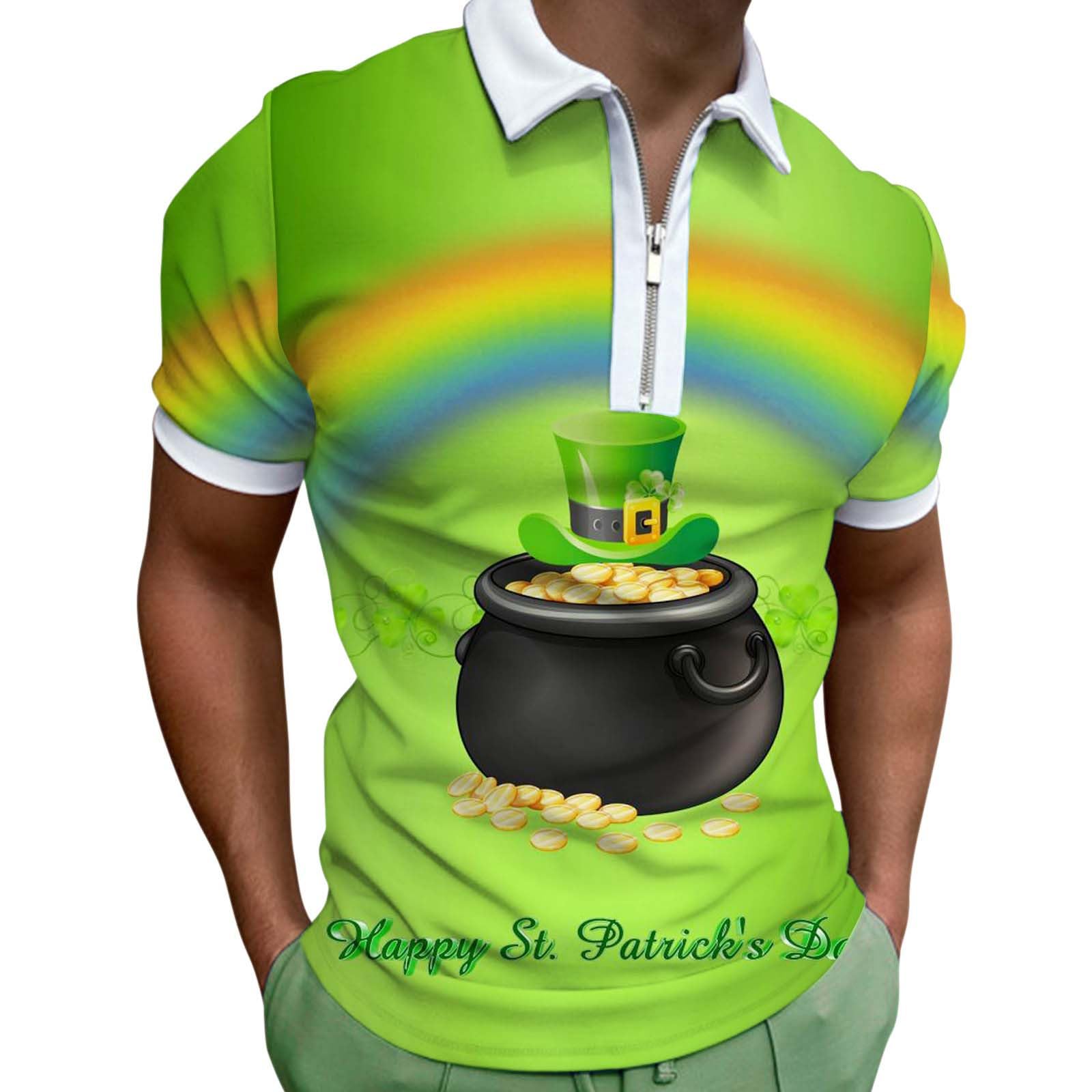 Mens Happy St. Patrick's Day Golf Polo Shirts Casual 1/4 Zipper Tennis Polo Lucky Shamrock Print Short Sleeve Tee