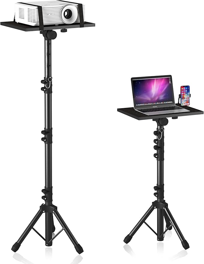 Projector Stand Tripod from 23" to 46", Laptop Tripod Stand Height Adjustable with Gooseneck Phone Holder, Laptop Floor Stand for Office, Home, Stage, Studio, DJ Racks Holder Mount