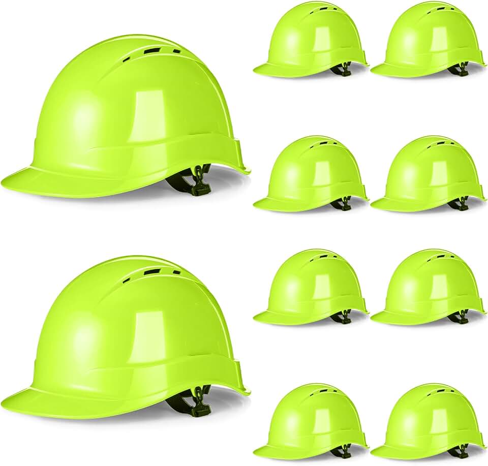 10 Pcs Vented Hard Hat ANSI Z89.1 Class C 6 Pt Fluorescent Green | Type I Cap Style with Ratchet Suspension, Vented for Airflow, Bulk Construction Helmet for Workers, Meets Safety Standards