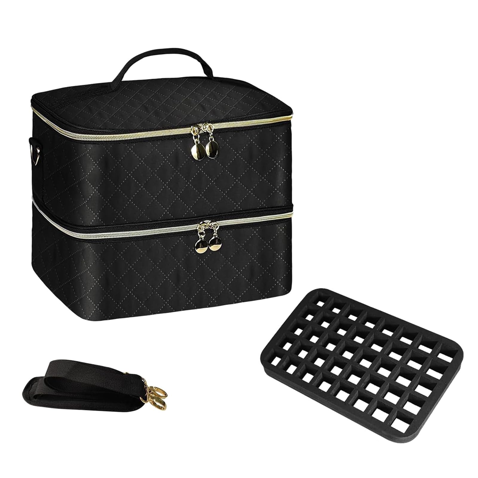 Quilted Art Travel Bag with Compartments, Water-Resistant Washable Adjustable Shoulder Strap & Vassoi Double Layer Polish Organizers Large Capacity Nails Art Tool Bag