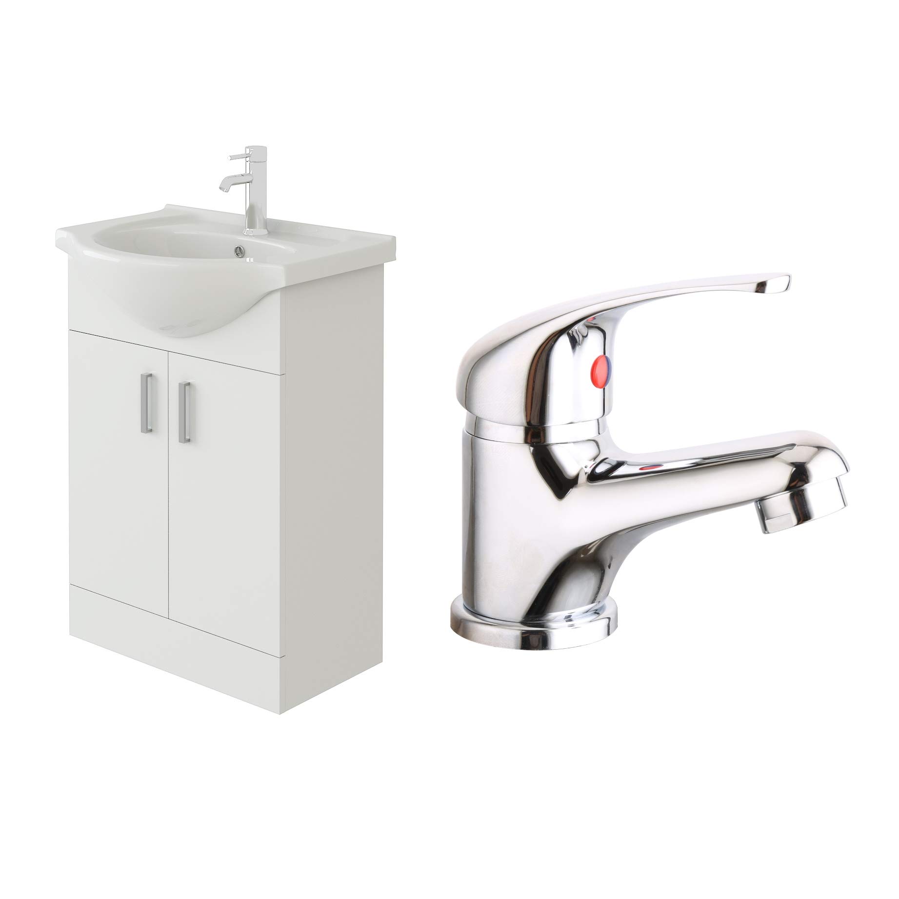 Veebath High Gloss White Linx 550 Vanity Unit With Ceramic Wash Basin Sink And Mono Mixer Tap, Floor Standing, Soft Close Doors Bathroom Storage Cabinet- White (Flat Pack)