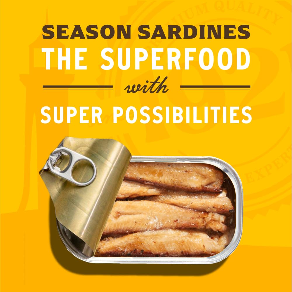 Season Sardines in Extra Virgin Olive Oil - Skinless & Boneless, Wild Caught, 22g of Protein, Keto Snacks, More Omega 3's Than Tuna, Kosher, High in Calcium, Canned Sardines - 4.37 Oz Tins, 12-Pack