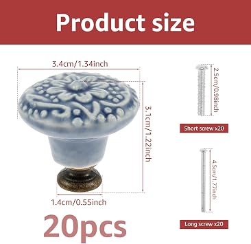 NIHUIFDPY 20Pcs Ceramic Pull Knobs Set Vintage Cabinet Knobs Decorative Kitchen Furniture Pull Handle with Screws 3.4cm Round Antique Cupboard Door Dresser Knob for Wardrobe Home Interior Décor(Blue)