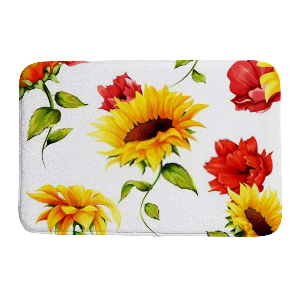 Tapis de bain tournesols blanc aquarelle CHEHONG en polaire corail antidérapant de 31x20 inch