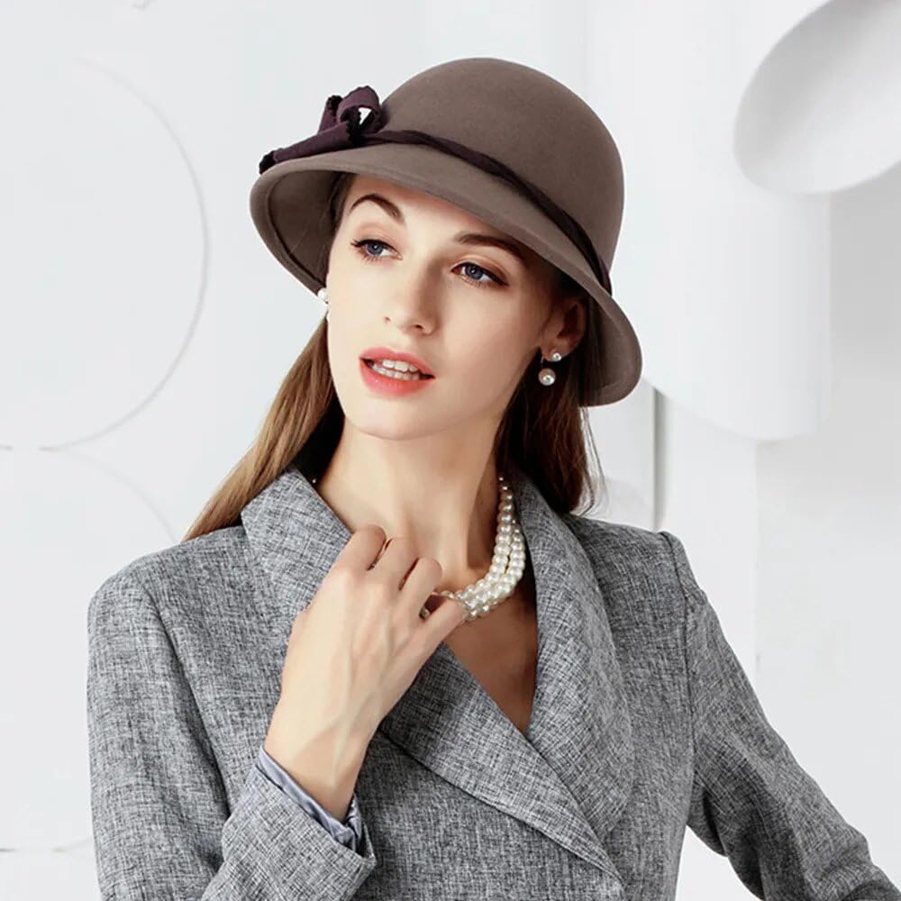 Cappelli a Bombetta a Tesa Larga in Feltro di Lana Grigio Scuro per Donna, Cappelli da cappellaio Nero, Cappelli a Cloche da Donna, Autunno Inverno (Grigio Scuro, 53-57 cm, M)