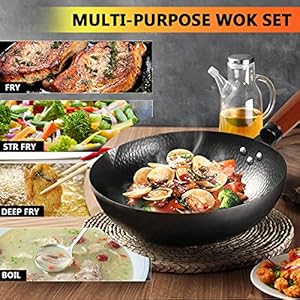 Carbon Steel Wok Pan, 14 Piece Woks & Stir-Fry Pans Set with Wooden Lid Cookwares, No Chemical Coated Flat Bottom Chinese Pan for Induction, Electric, Gas, Halogen All Stoves - 12.6'' Carbon Steel Wok Pan 14 Piece Woks Stir Fry Pans Set with Wooden Lid Cookwares No Chemical Coated Flat Bottom Chinese Pan for Induction Electric Gas Halogen All Stoves 126