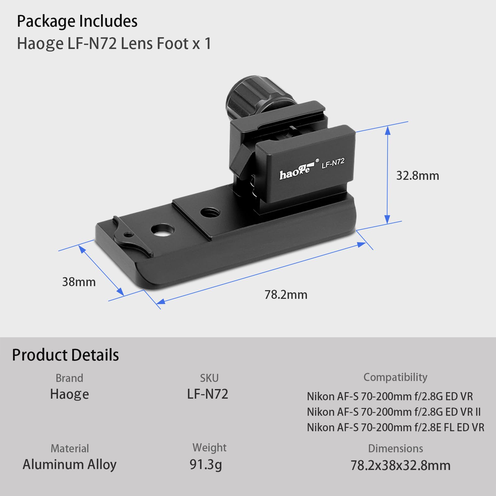 Haoge LF-N72 - Anello adattatore per treppiede per Nikon AF-S Nikkor 70-200 mm f2.8G ED VR I II, 70-200 mm f2.8E FL ED VR e 500 mm f5.6E PF ED VR con piastra a sgancio rapido Arca Swiss integrata