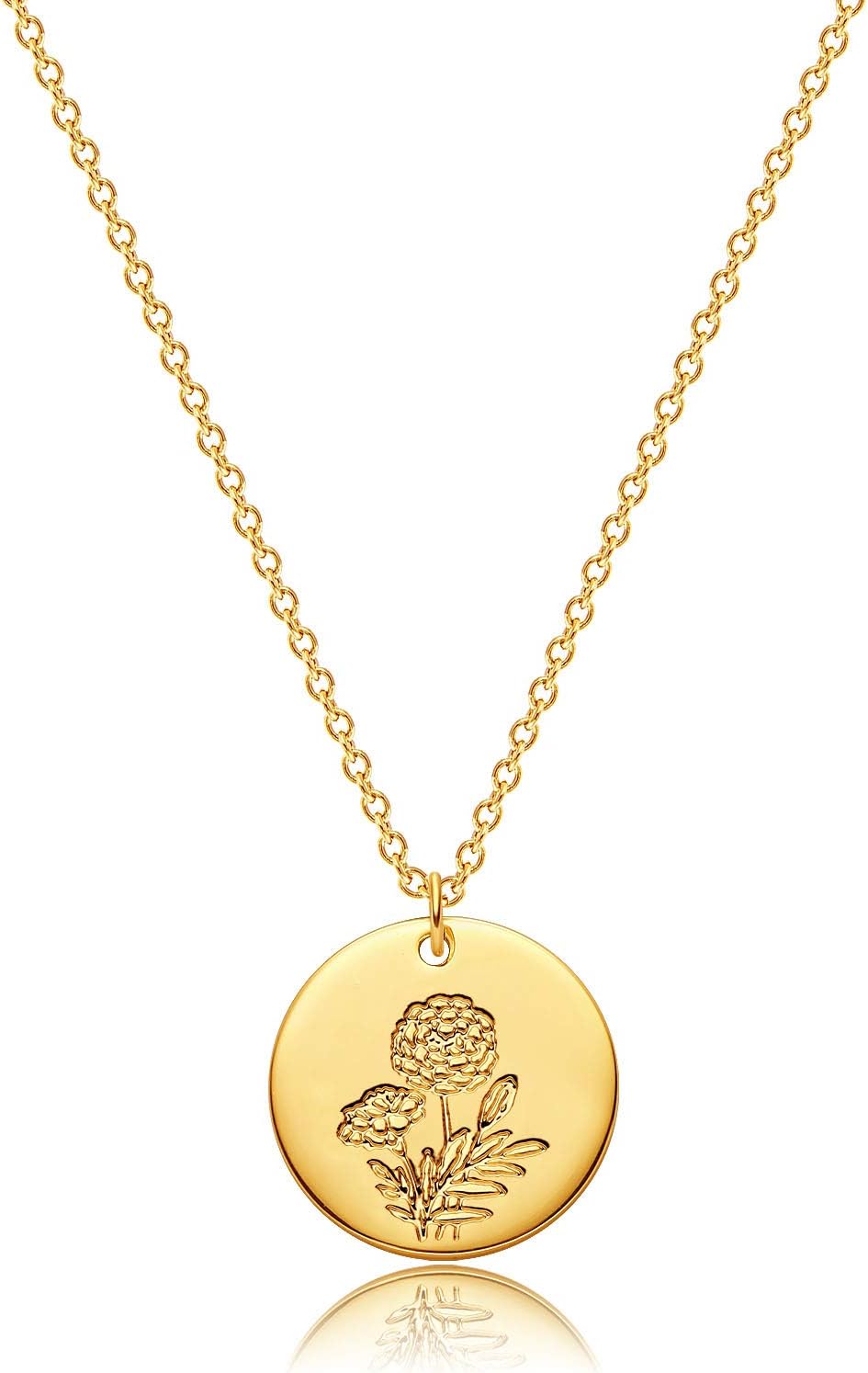 MEVECCOBirth Flower Necklace 18k Gold Custom Floral Pendant Necklaces Dainty Birth Month Flower Disc Hand Stamped Necklace Personalized Jewelry Birthday Gift