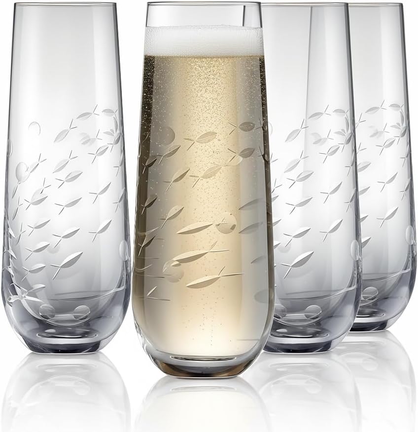 SHOSHIN Stemless Champagne Glasses Set of 4 – 9.5oz Lead-Free Crystal Flutes with Elegant Fish Pattern, Perfect for Parties and Weddings, Dishwasher Safe