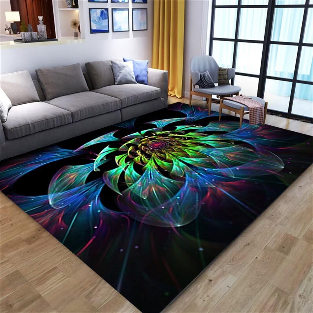 Tapis de salon lavable et grand tapis chambre fille ado à motif floral 3D noir 180X250cm