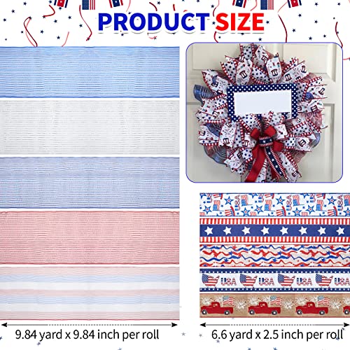 10 Rolls 4Th Of July 10Inx10 Yard Mesh Ribbon And 2.5Inx7 Yard Patriotic Star Stripe Wired Ribbon Rolls Metallic Foil Red White Blue Decoration Ribbon For Diy Wrapping Crafts Wreath Party Home Decor #TOP1